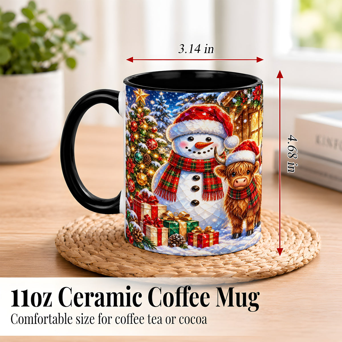 #pl[11oz|Black] Highland Cow Snowman Coffee Mug, Christmas Animal Mug, Ceramic Cup