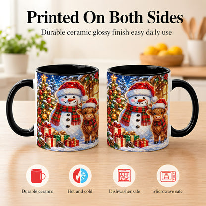 #pl[11oz|Black] Highland Cow Snowman Coffee Mug, Christmas Animal Mug, Ceramic Cup