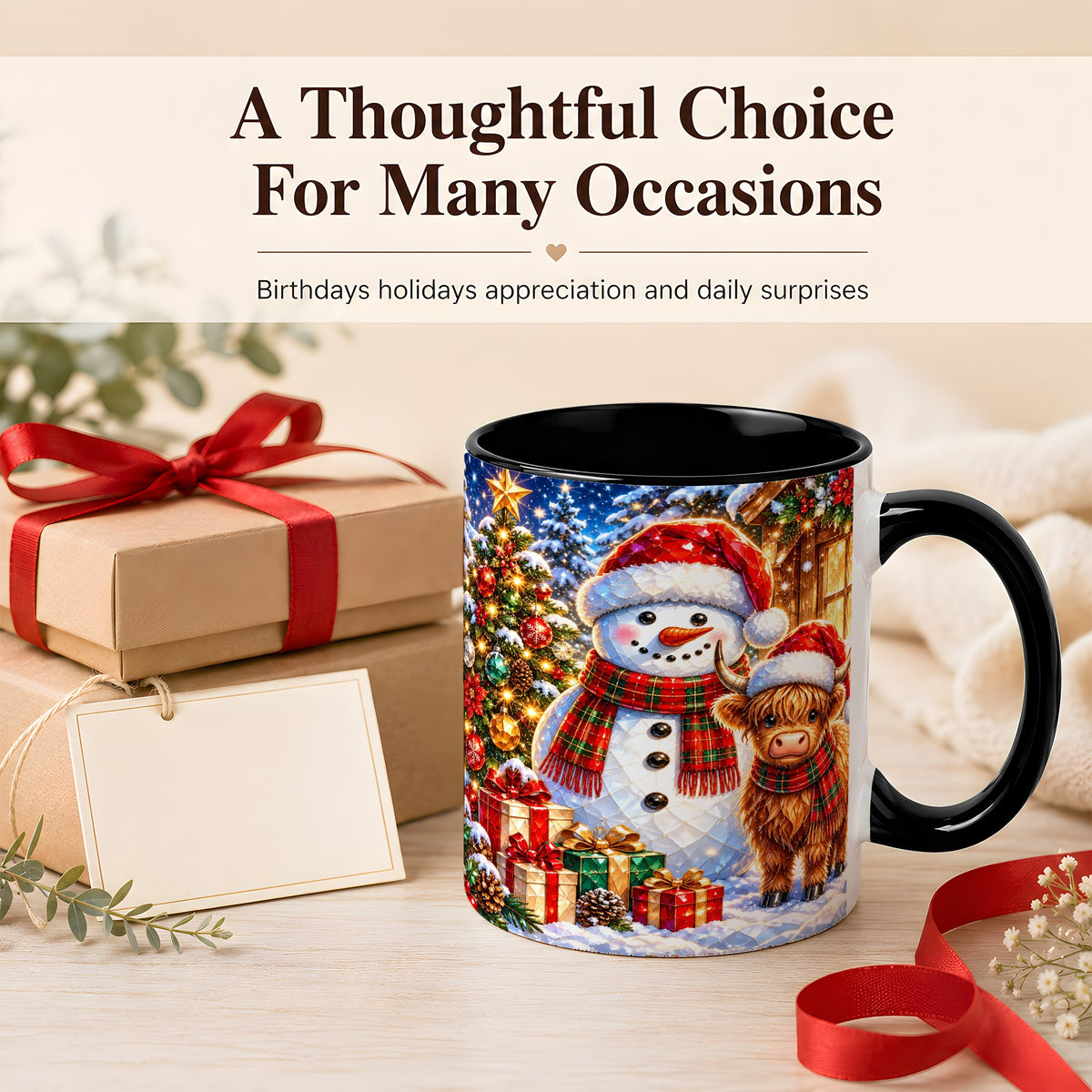 #pl[11oz|Black] Highland Cow Snowman Coffee Mug, Christmas Animal Mug, Ceramic Cup