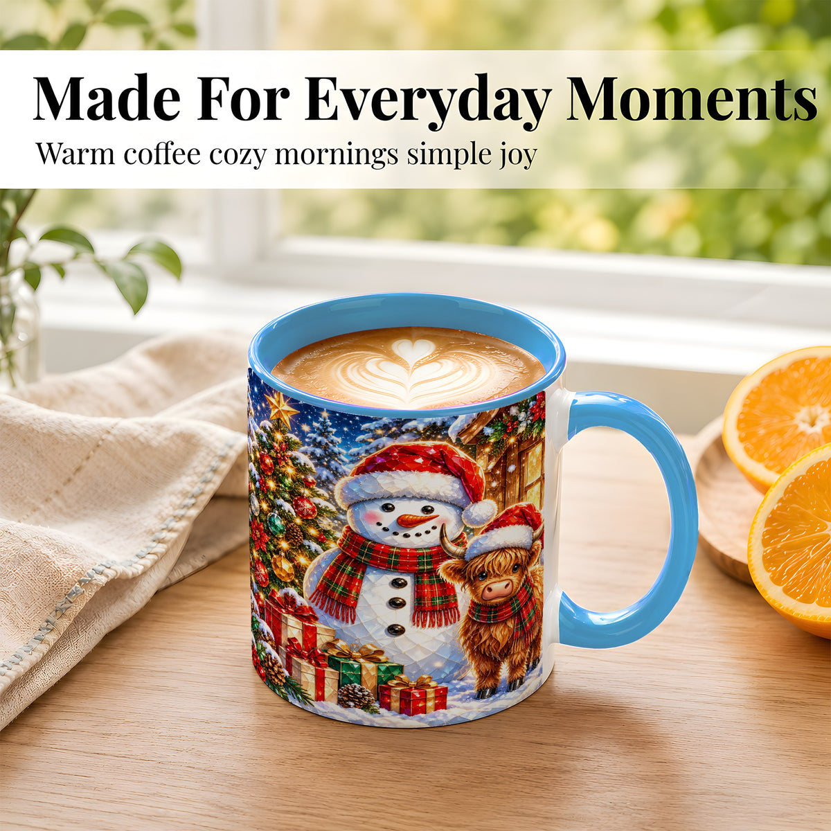 #pl[11oz|Blue] Highland Cow Snowman Coffee Mug, Christmas Animal Mug, Ceramic Cup
