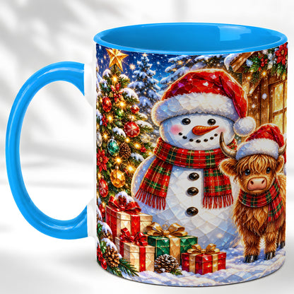 #pl[11oz|Blue] Highland Cow Snowman Coffee Mug, Christmas Animal Mug, Ceramic Cup