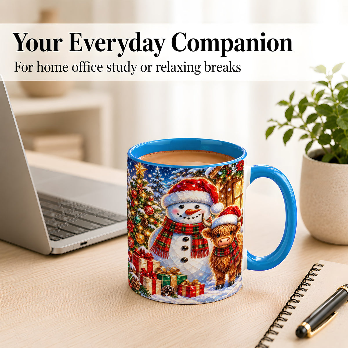 #pl[11oz|Blue] Highland Cow Snowman Coffee Mug, Christmas Animal Mug, Ceramic Cup