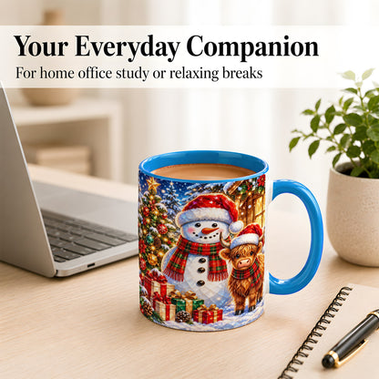 #pl[11oz|Blue] Highland Cow Snowman Coffee Mug, Christmas Animal Mug, Ceramic Cup