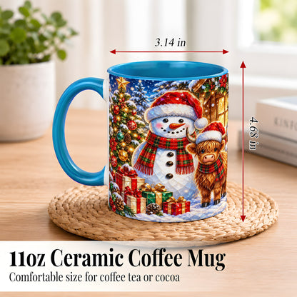 #pl[11oz|Blue] Highland Cow Snowman Coffee Mug, Christmas Animal Mug, Ceramic Cup