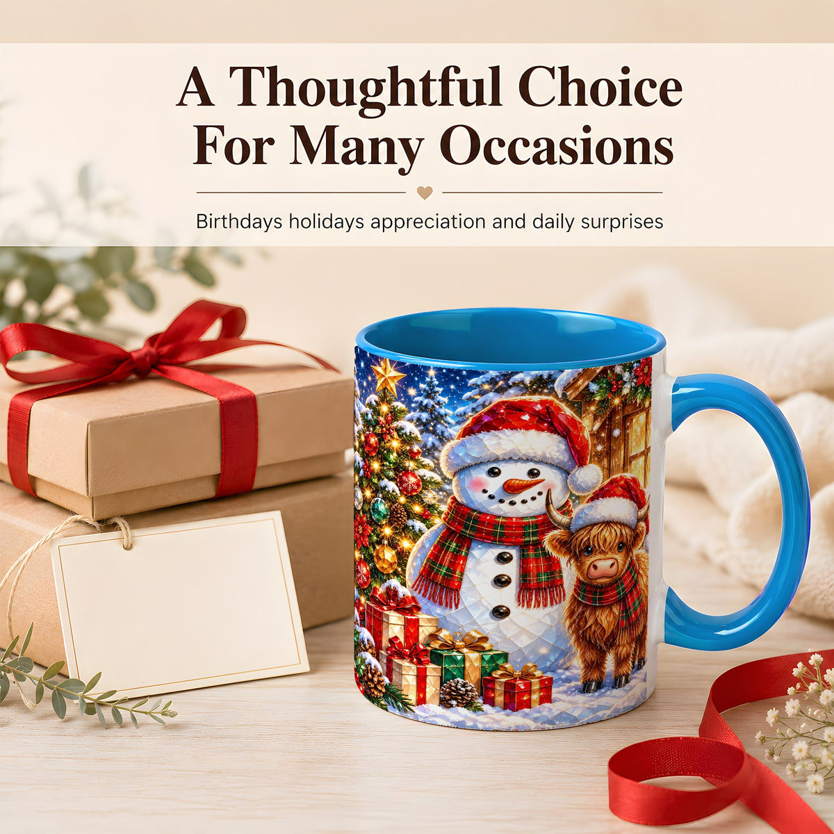 #pl[11oz|Blue] Highland Cow Snowman Coffee Mug, Christmas Animal Mug, Ceramic Cup