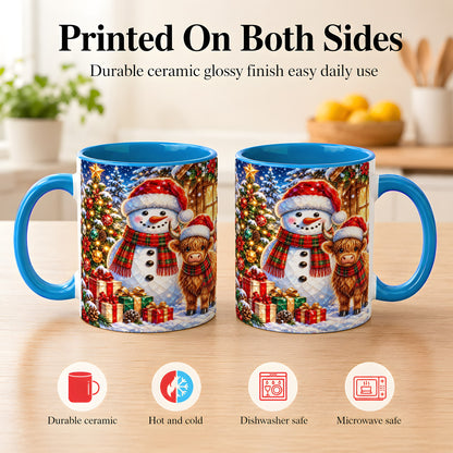 #pl[11oz|Blue] Highland Cow Snowman Coffee Mug, Christmas Animal Mug, Ceramic Cup