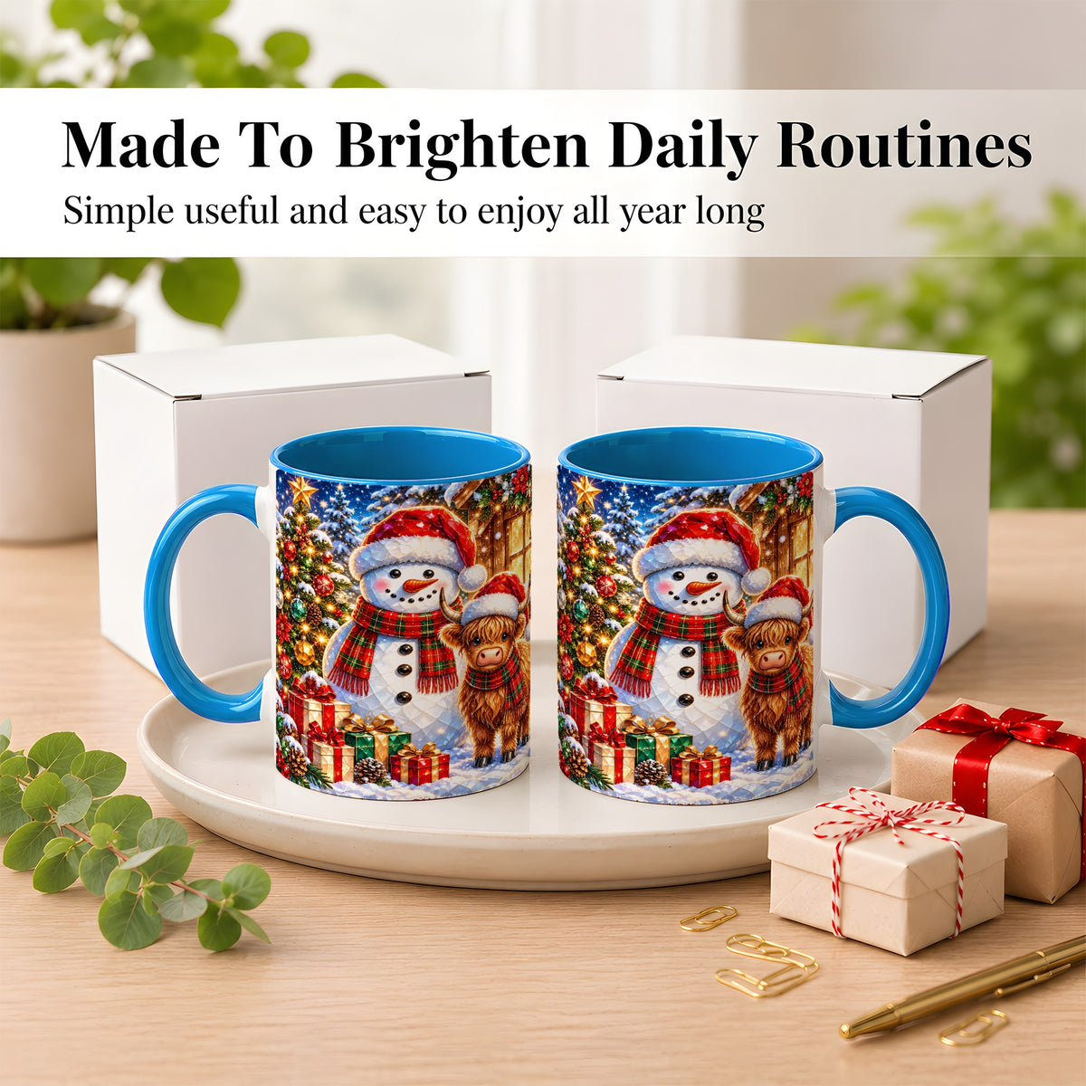 #pl[11oz|Blue] Highland Cow Snowman Coffee Mug, Christmas Animal Mug, Ceramic Cup