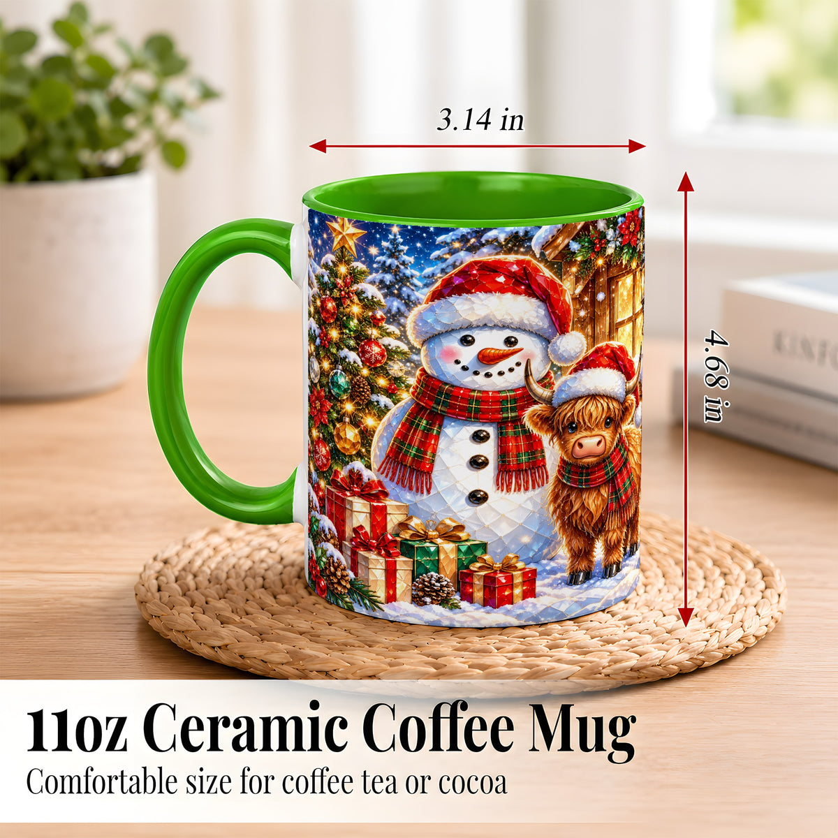 #pl[11oz|Green] Highland Cow Snowman Coffee Mug, Christmas Animal Mug, Ceramic Cup