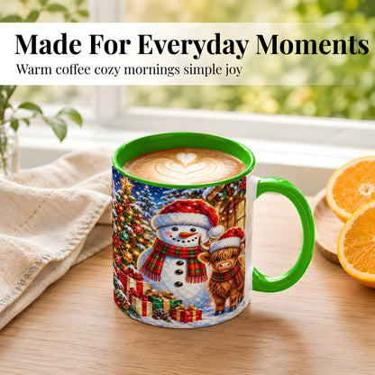 #pl[11oz|Green] Highland Cow Snowman Coffee Mug, Christmas Animal Mug, Ceramic Cup