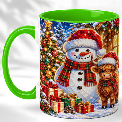 #pl[11oz|Green] Highland Cow Snowman Coffee Mug, Christmas Animal Mug, Ceramic Cup