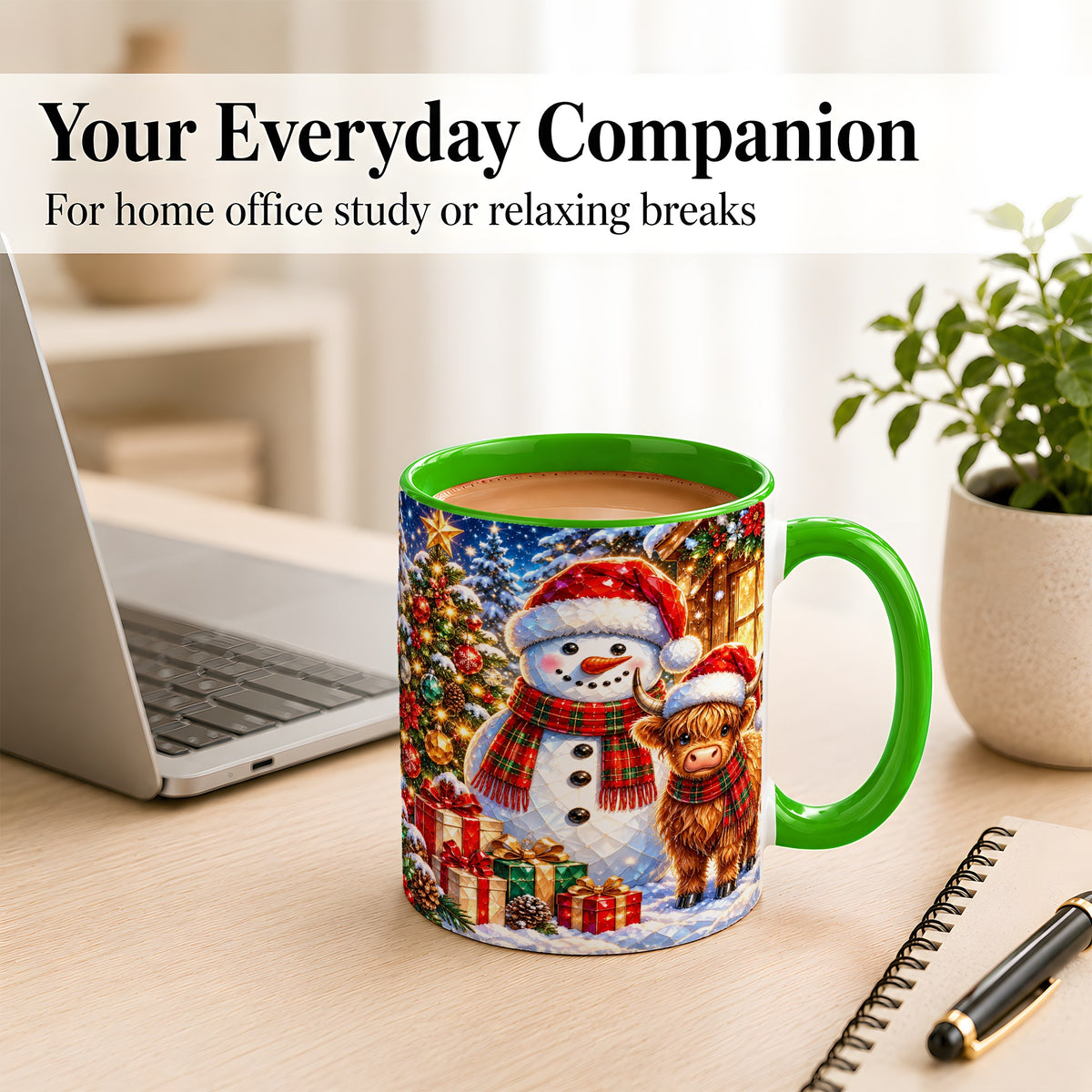 #pl[11oz|Green] Highland Cow Snowman Coffee Mug, Christmas Animal Mug, Ceramic Cup