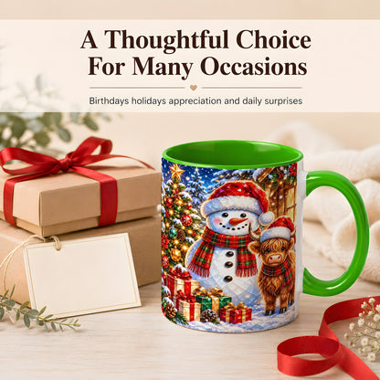 #pl[11oz|Green] Highland Cow Snowman Coffee Mug, Christmas Animal Mug, Ceramic Cup