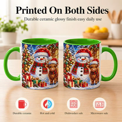#pl[11oz|Green] Highland Cow Snowman Coffee Mug, Christmas Animal Mug, Ceramic Cup