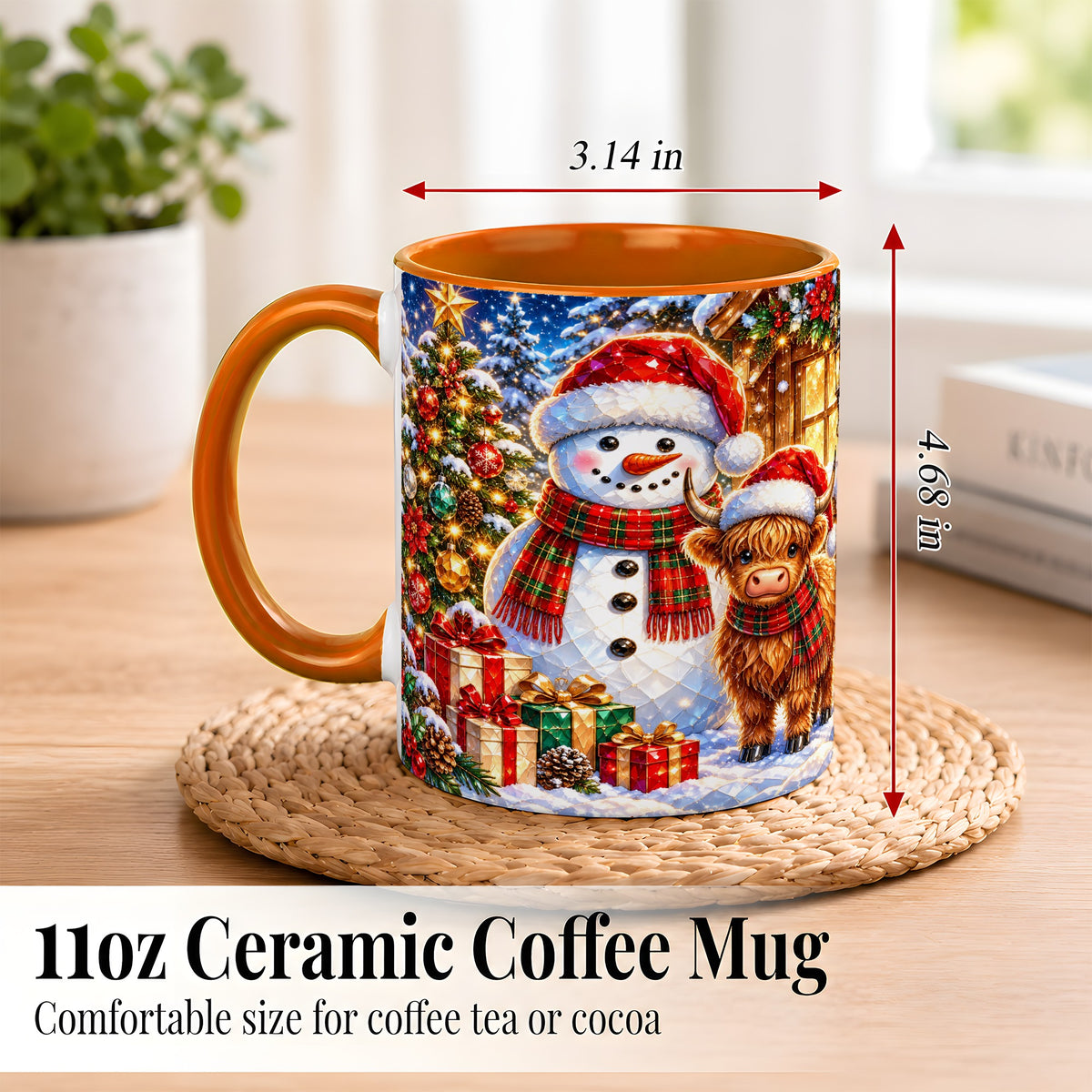 #pl[11oz|Orange] Highland Cow Snowman Coffee Mug, Christmas Animal Mug, Ceramic Cup