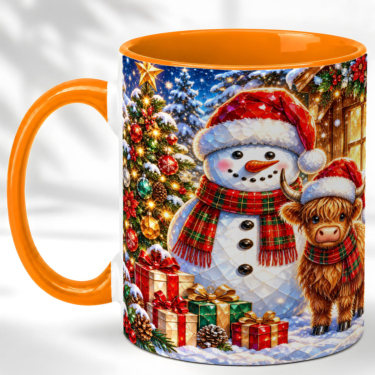 #pl[11oz|Orange] Highland Cow Snowman Coffee Mug, Christmas Animal Mug, Ceramic Cup