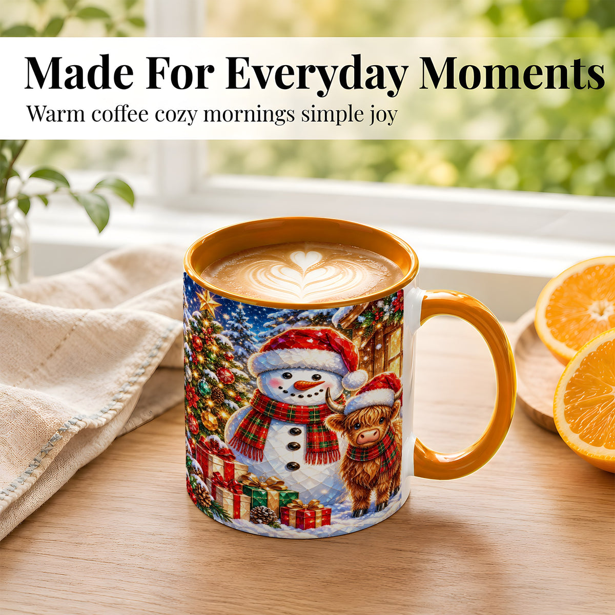 #pl[11oz|Orange] Highland Cow Snowman Coffee Mug, Christmas Animal Mug, Ceramic Cup