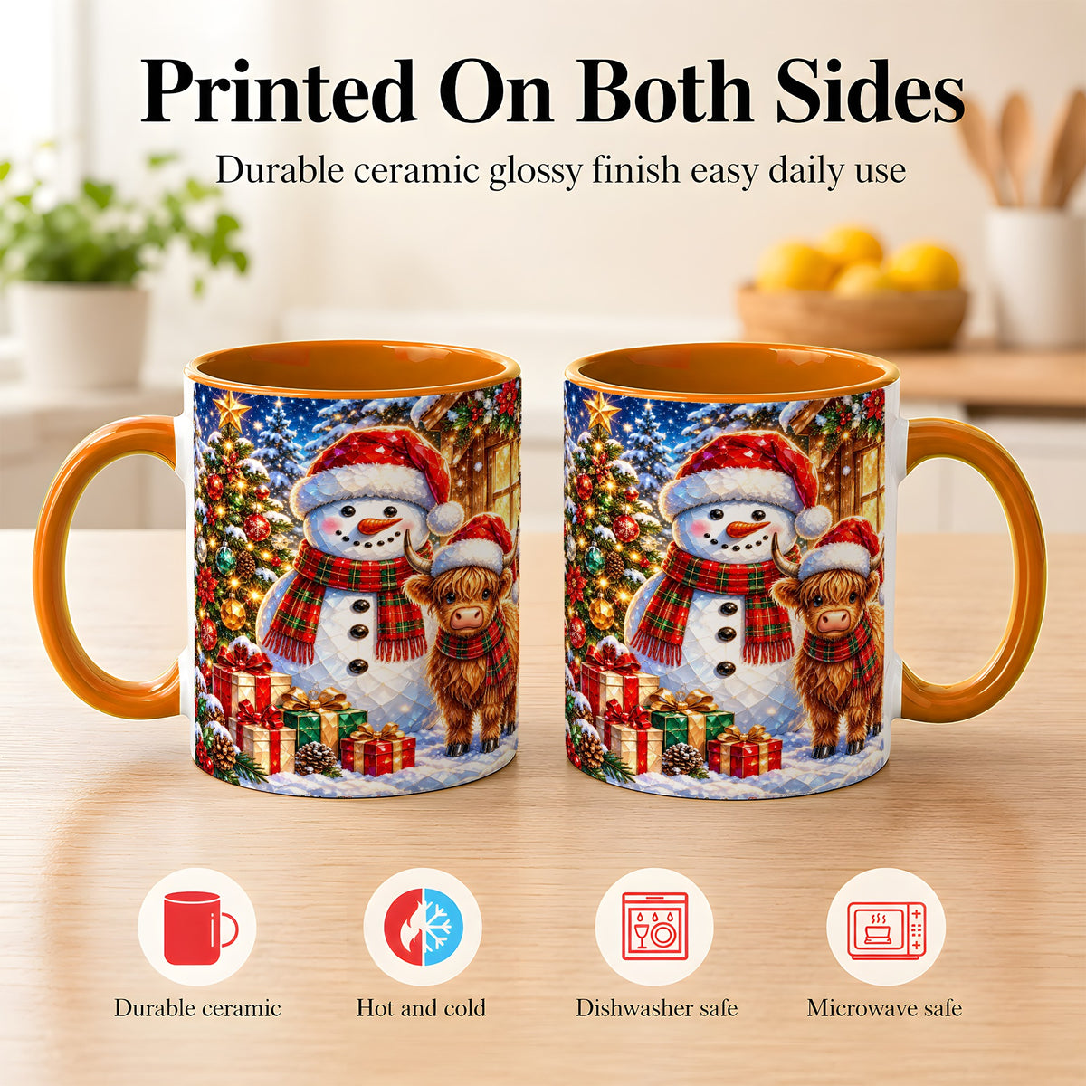 #pl[11oz|Orange] Highland Cow Snowman Coffee Mug, Christmas Animal Mug, Ceramic Cup