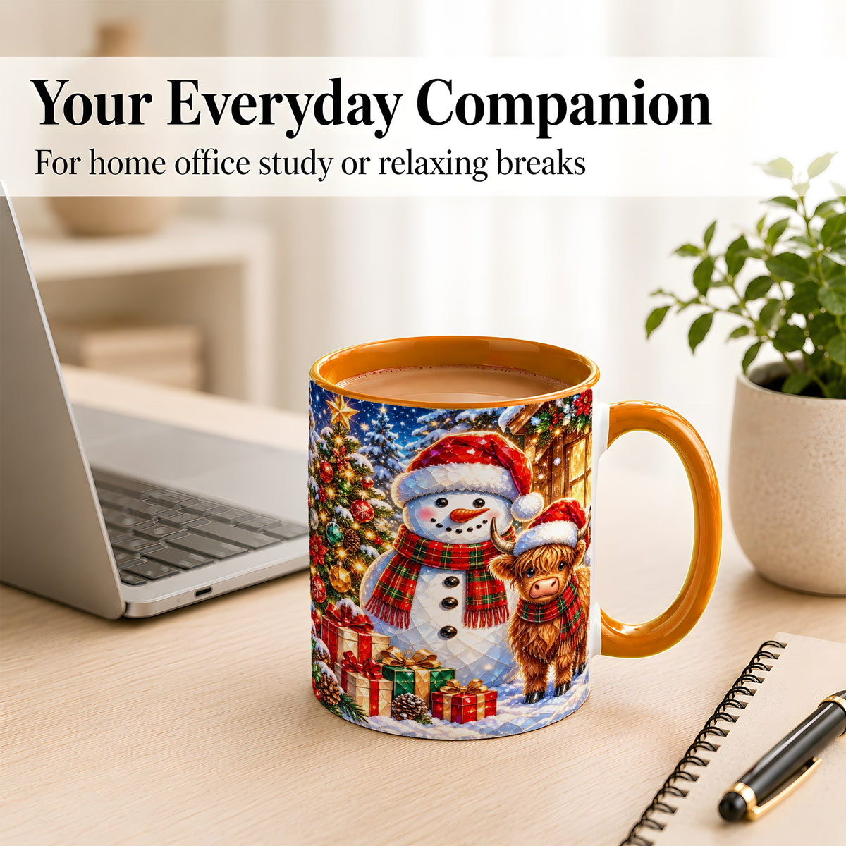 #pl[11oz|Orange] Highland Cow Snowman Coffee Mug, Christmas Animal Mug, Ceramic Cup