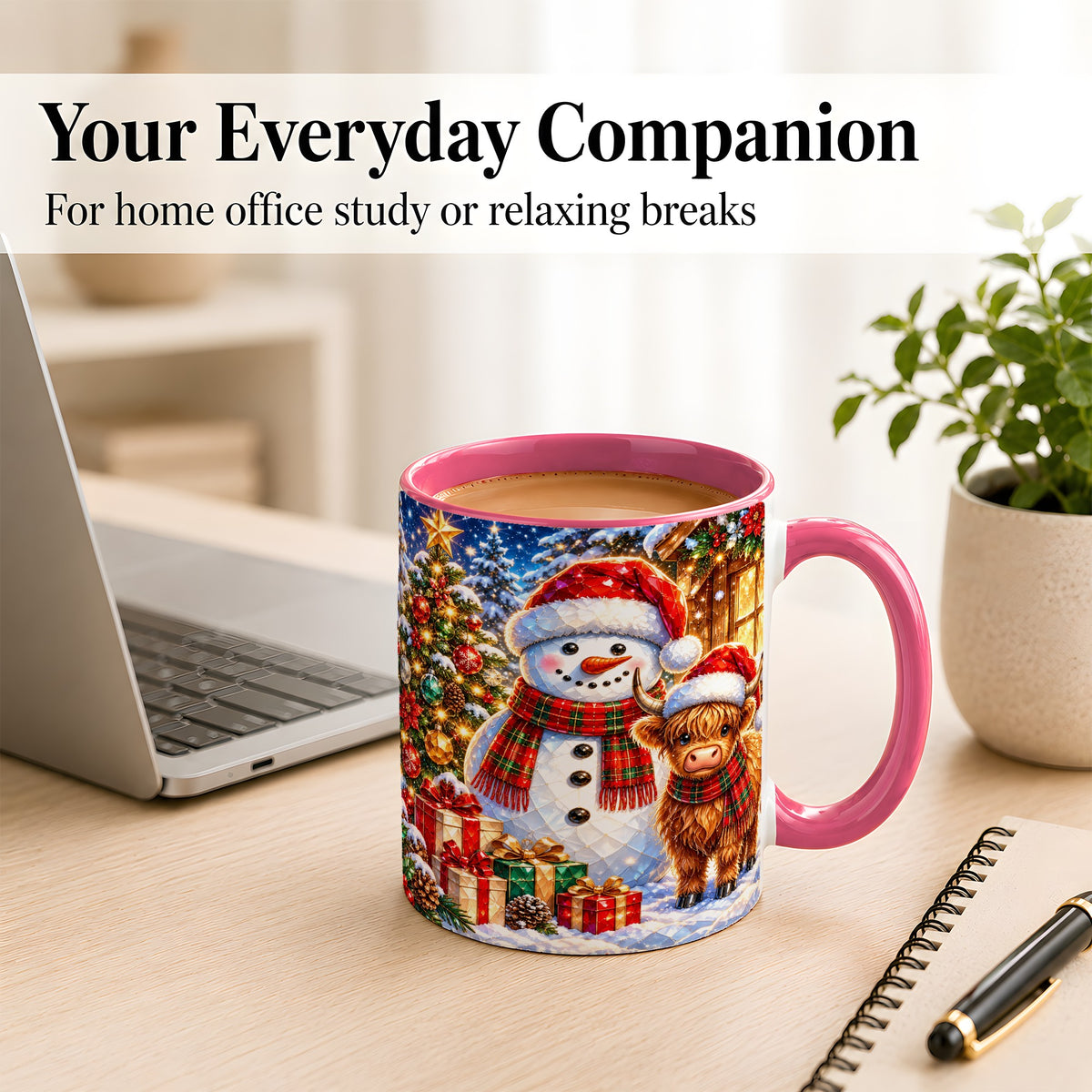 #pl[11oz|Pink] Highland Cow Snowman Coffee Mug, Christmas Animal Mug, Ceramic Cup