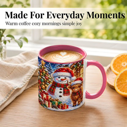 #pl[11oz|Pink] Highland Cow Snowman Coffee Mug, Christmas Animal Mug, Ceramic Cup