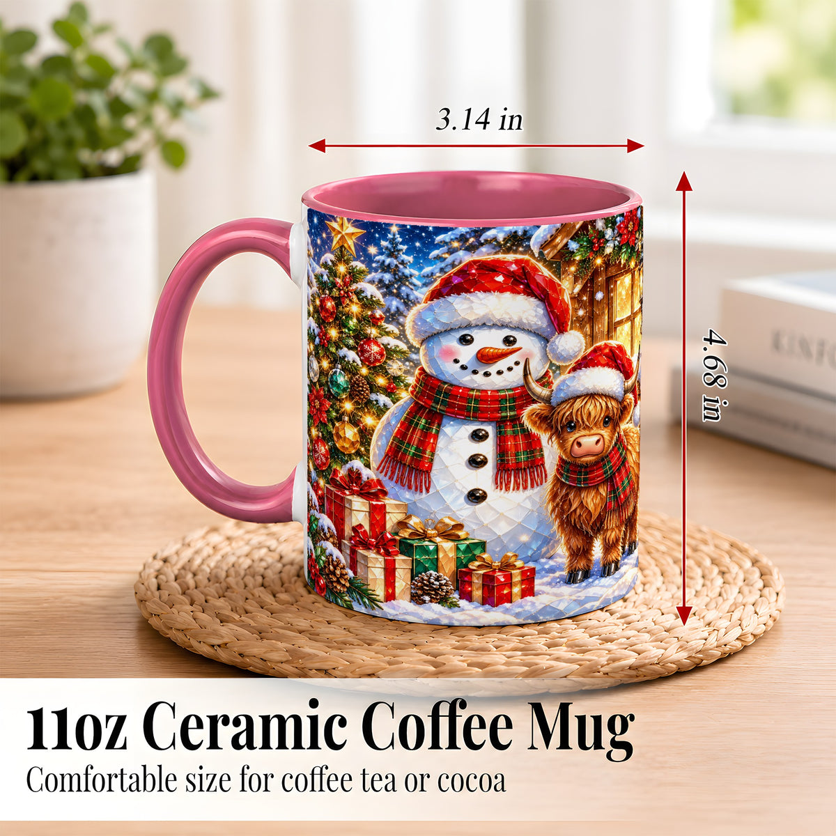 #pl[11oz|Pink] Highland Cow Snowman Coffee Mug, Christmas Animal Mug, Ceramic Cup