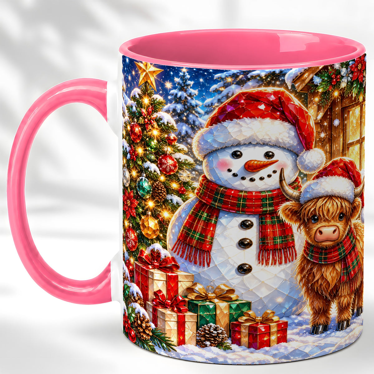 #pl[11oz|Pink] Highland Cow Snowman Coffee Mug, Christmas Animal Mug, Ceramic Cup