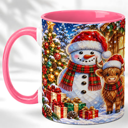 #pl[11oz|Pink] Highland Cow Snowman Coffee Mug, Christmas Animal Mug, Ceramic Cup