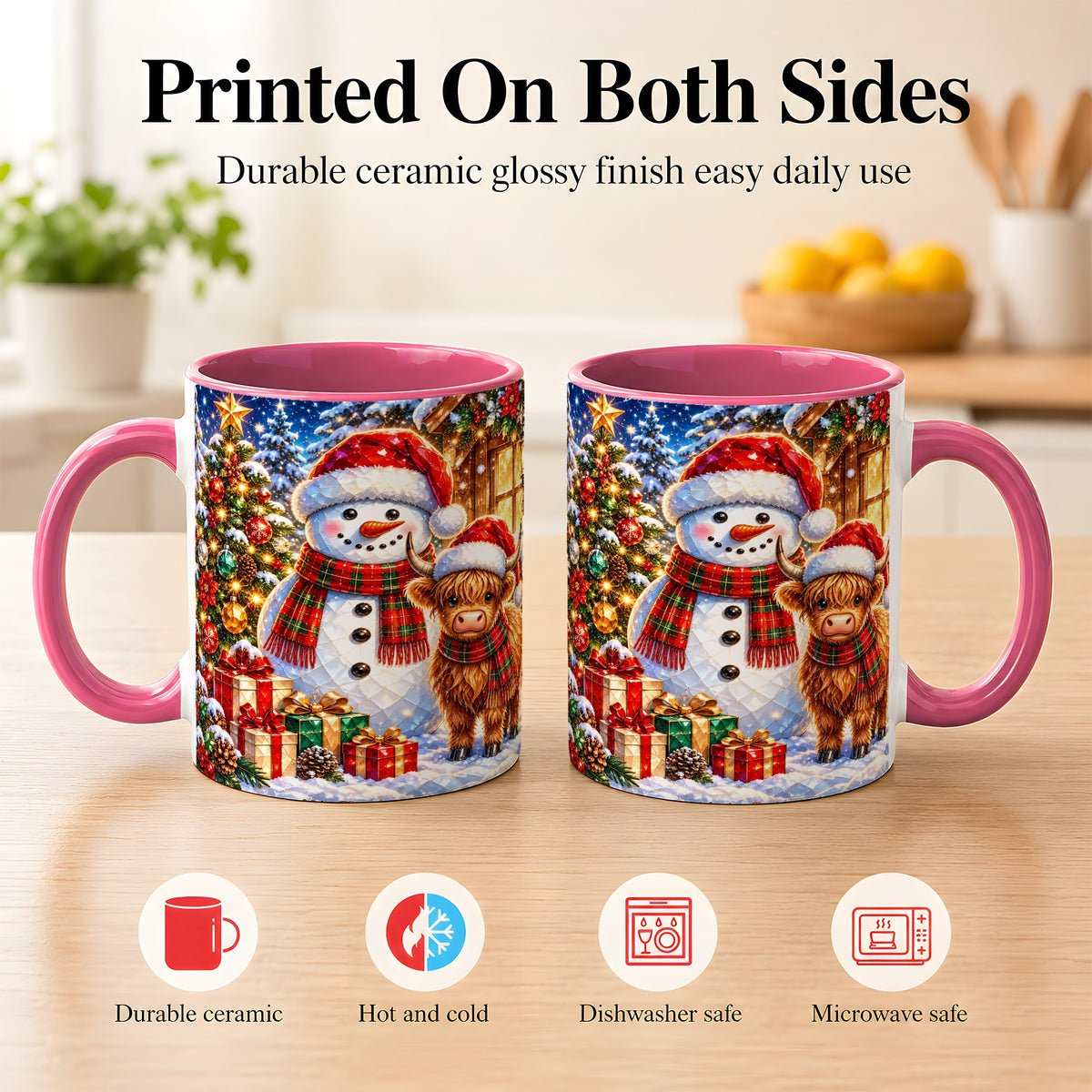 #pl[11oz|Pink] Highland Cow Snowman Coffee Mug, Christmas Animal Mug, Ceramic Cup