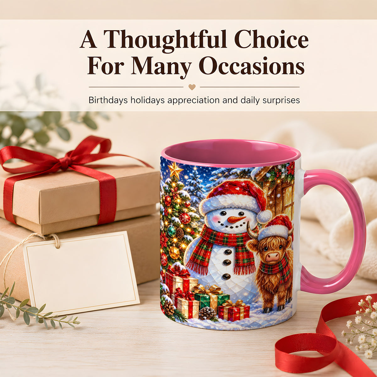 #pl[11oz|Pink] Highland Cow Snowman Coffee Mug, Christmas Animal Mug, Ceramic Cup