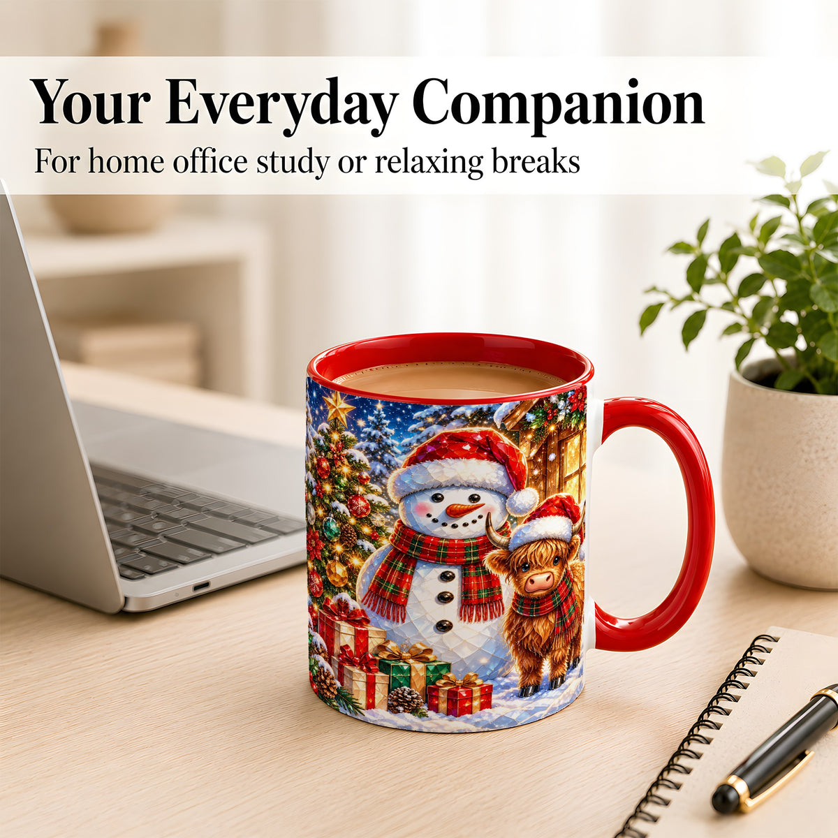 #pl[11oz|Red] Highland Cow Snowman Coffee Mug, Christmas Animal Mug, Ceramic Cup