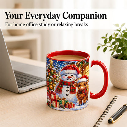 #pl[11oz|Red] Highland Cow Snowman Coffee Mug, Christmas Animal Mug, Ceramic Cup