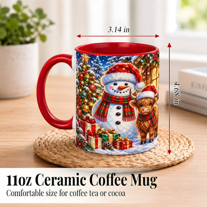 #pl[11oz|Red] Highland Cow Snowman Coffee Mug, Christmas Animal Mug, Ceramic Cup