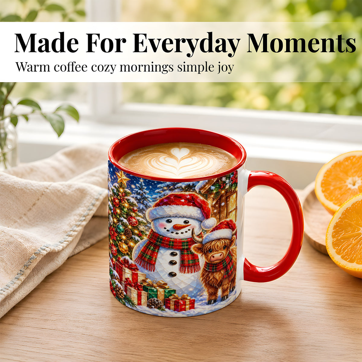 #pl[11oz|Red] Highland Cow Snowman Coffee Mug, Christmas Animal Mug, Ceramic Cup