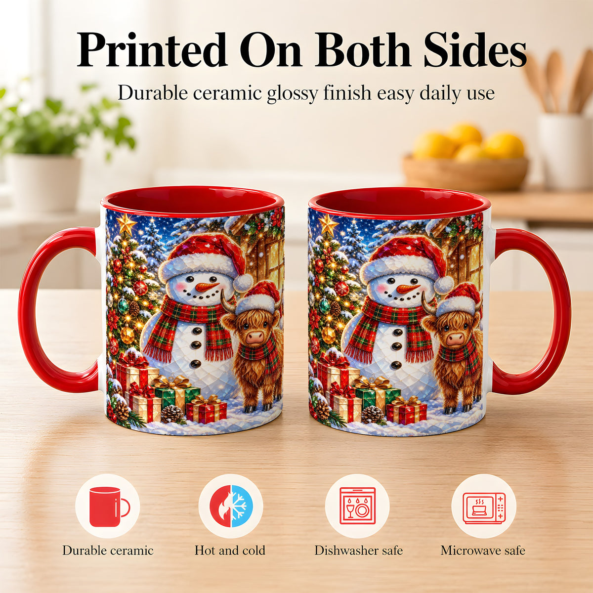 #pl[11oz|Red] Highland Cow Snowman Coffee Mug, Christmas Animal Mug, Ceramic Cup
