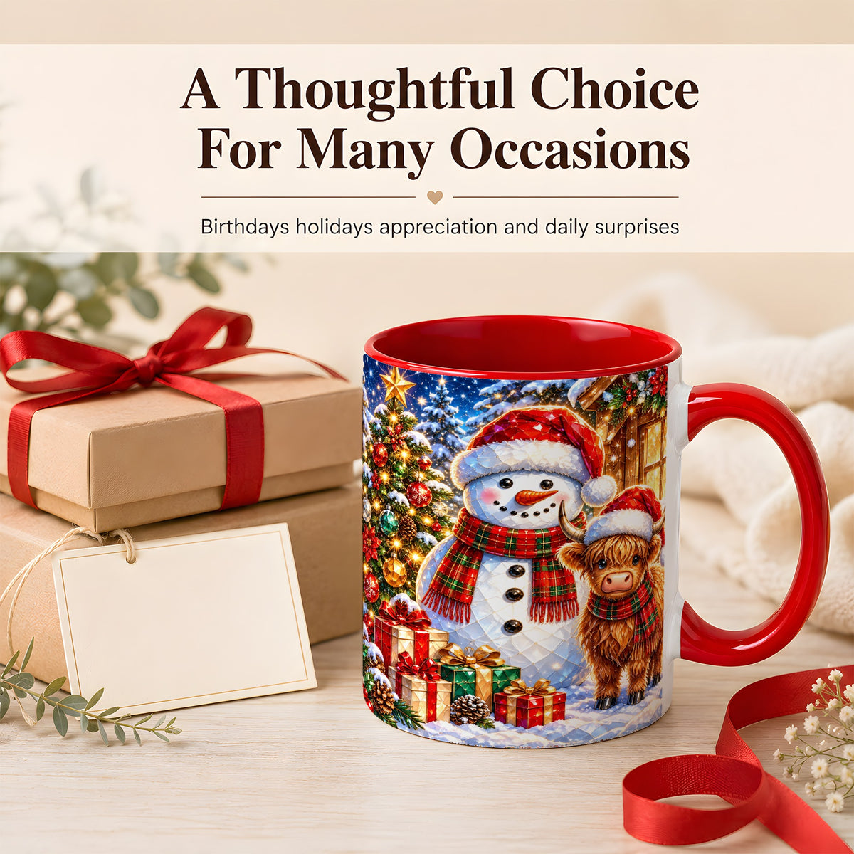 #pl[11oz|Red] Highland Cow Snowman Coffee Mug, Christmas Animal Mug, Ceramic Cup