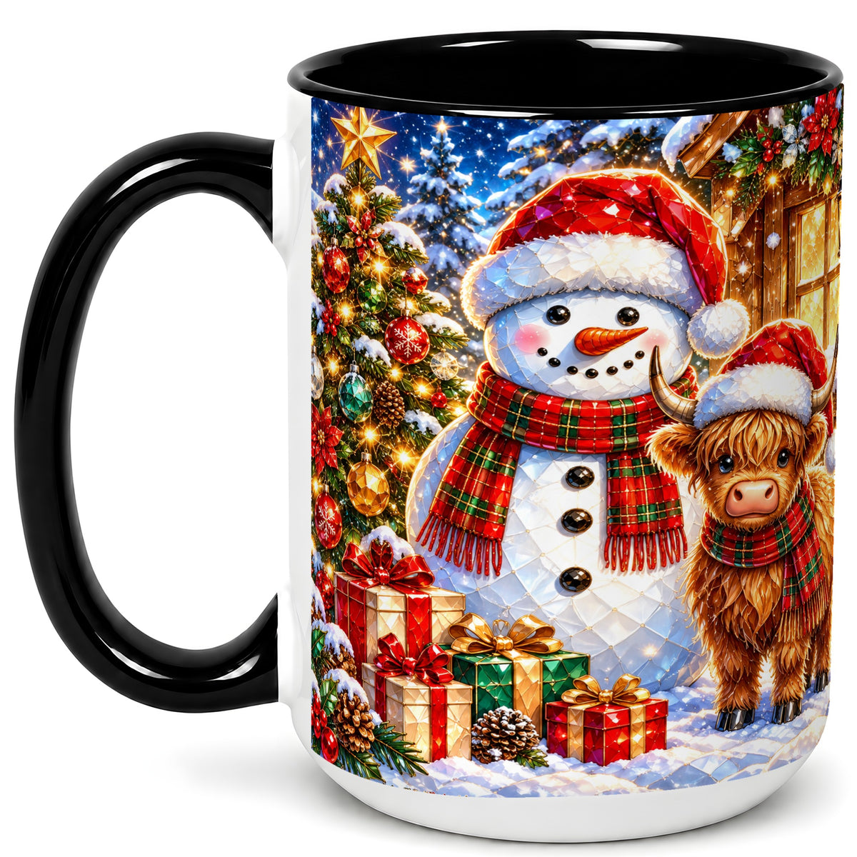 #pl[15oz|Black] Highland Cow Snowman Coffee Mug, Christmas Animal Mug, Ceramic Cup