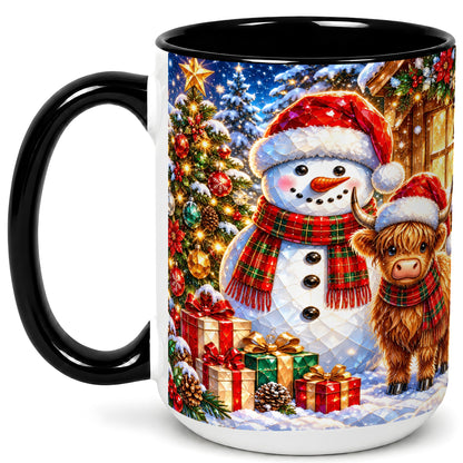 #pl[15oz|Black] Highland Cow Snowman Coffee Mug, Christmas Animal Mug, Ceramic Cup