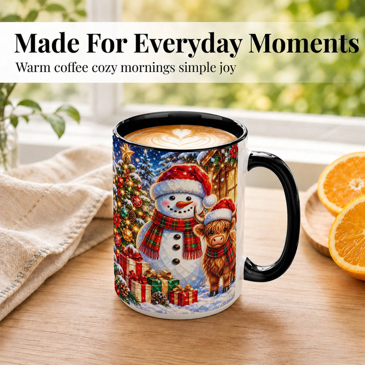 #pl[15oz|Black] Highland Cow Snowman Coffee Mug, Christmas Animal Mug, Ceramic Cup