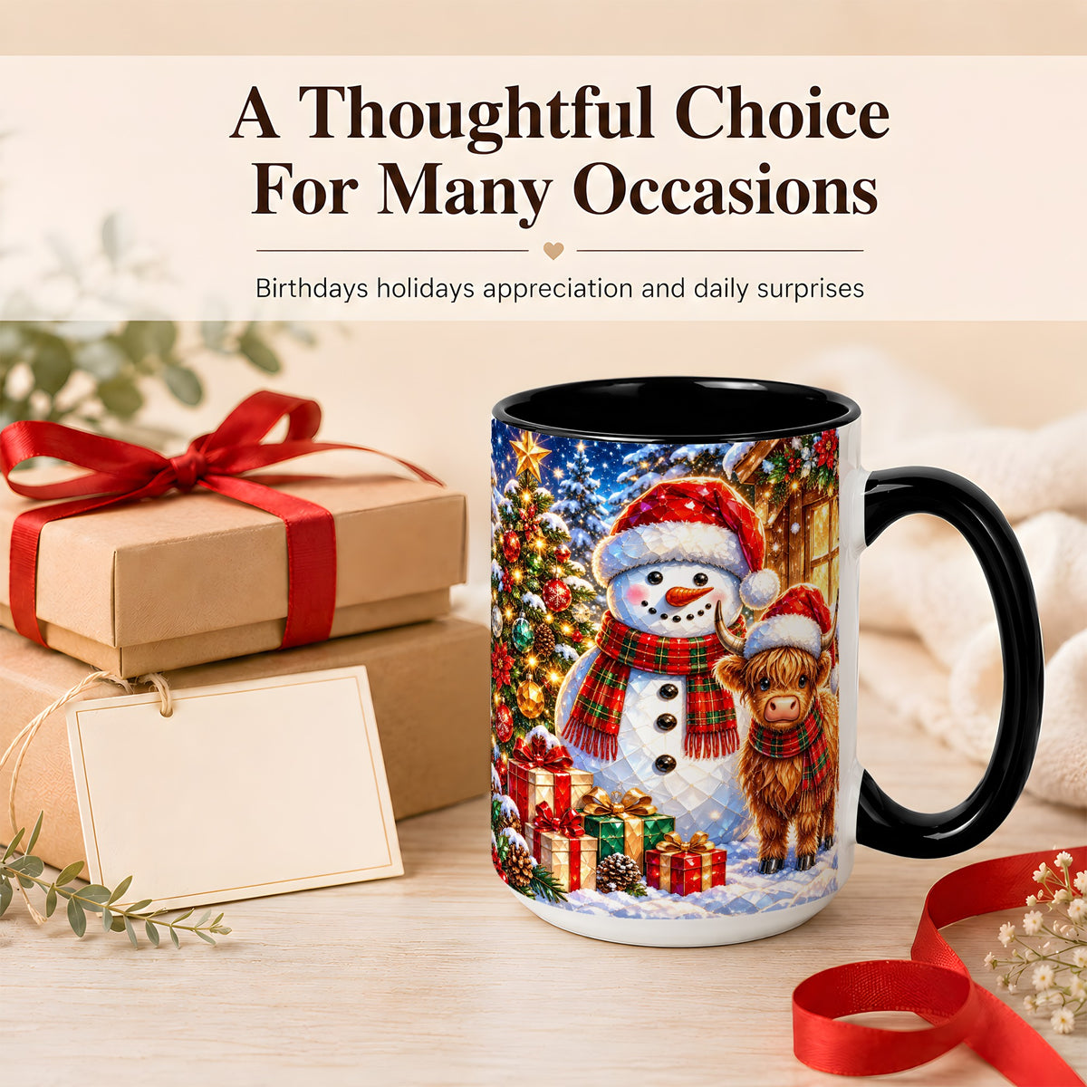 #pl[15oz|Black] Highland Cow Snowman Coffee Mug, Christmas Animal Mug, Ceramic Cup