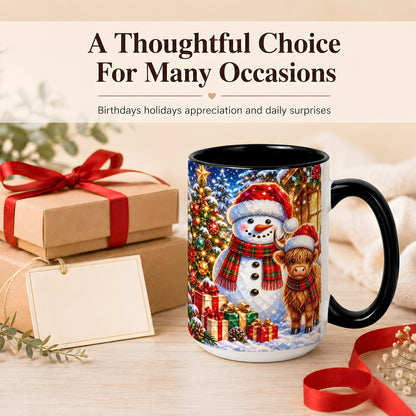 #pl[15oz|Black] Highland Cow Snowman Coffee Mug, Christmas Animal Mug, Ceramic Cup