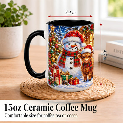 #pl[15oz|Black] Highland Cow Snowman Coffee Mug, Christmas Animal Mug, Ceramic Cup