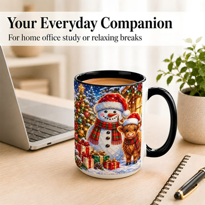 #pl[15oz|Black] Highland Cow Snowman Coffee Mug, Christmas Animal Mug, Ceramic Cup