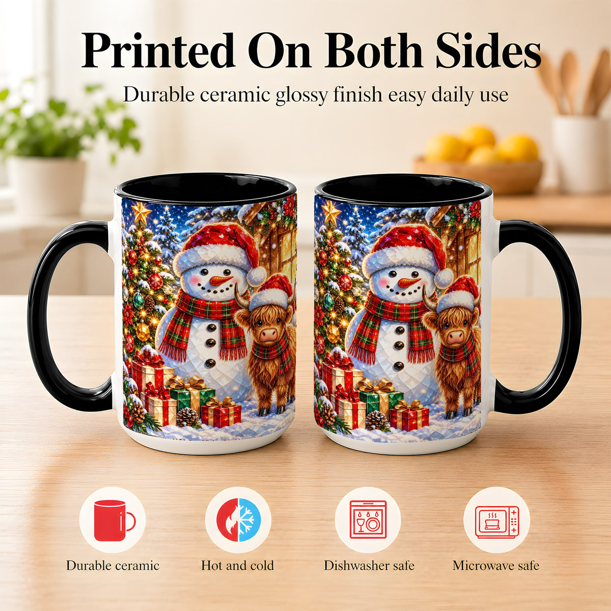 #pl[15oz|Black] Highland Cow Snowman Coffee Mug, Christmas Animal Mug, Ceramic Cup