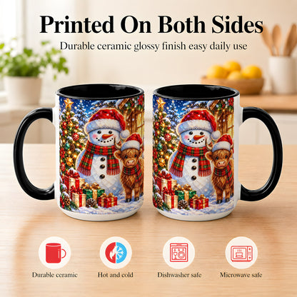 #pl[15oz|Black] Highland Cow Snowman Coffee Mug, Christmas Animal Mug, Ceramic Cup