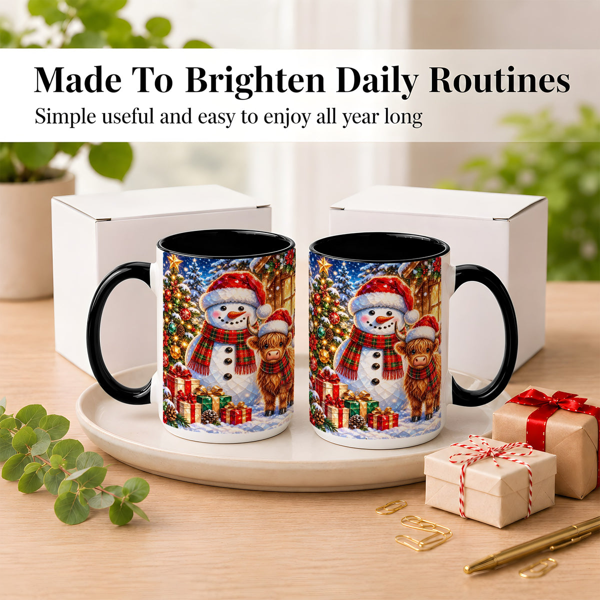 #pl[15oz|Black] Highland Cow Snowman Coffee Mug, Christmas Animal Mug, Ceramic Cup