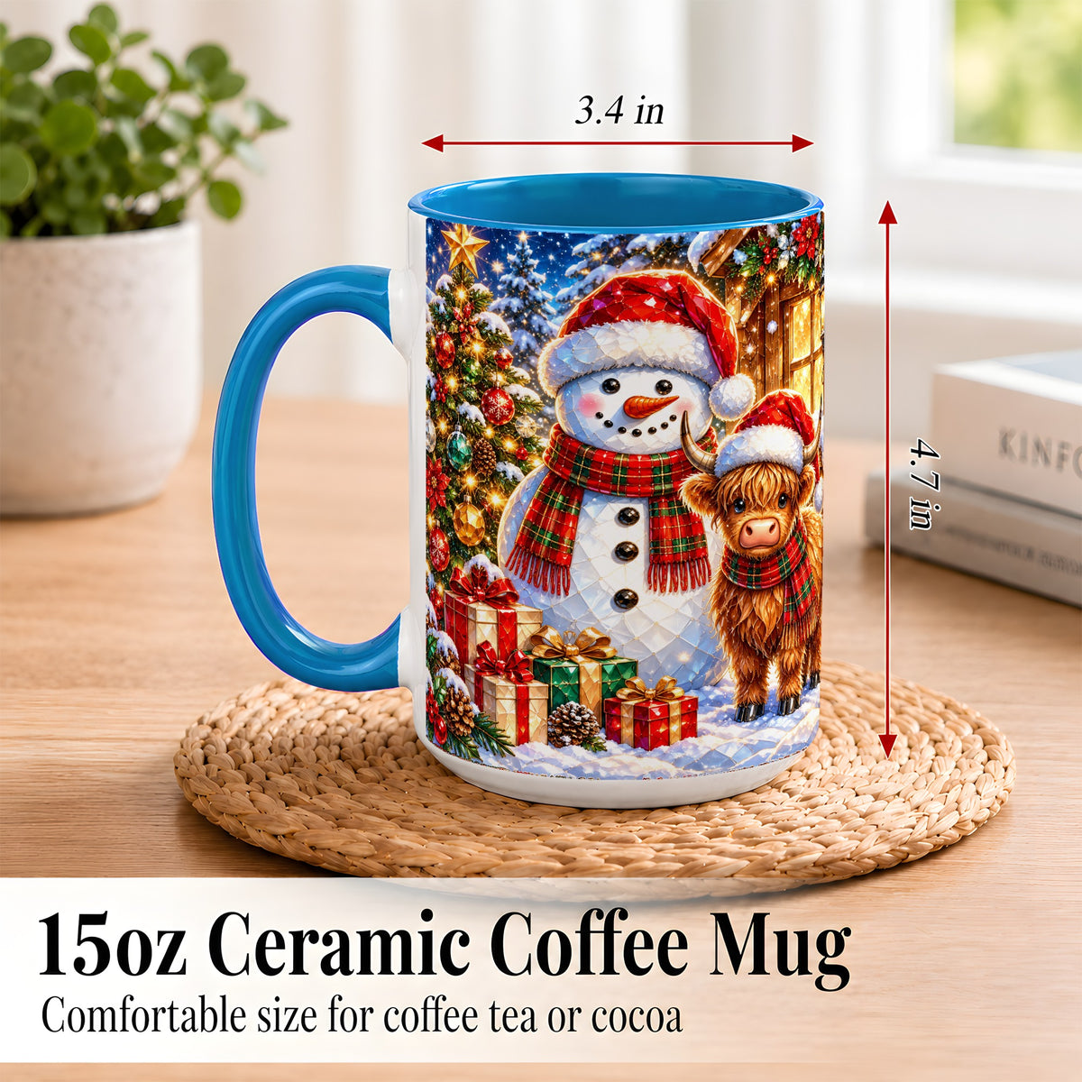 #pl[15oz|Blue] Highland Cow Snowman Coffee Mug, Christmas Animal Mug, Ceramic Cup