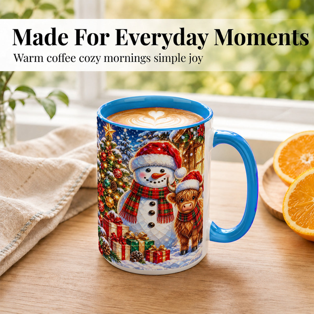#pl[15oz|Blue] Highland Cow Snowman Coffee Mug, Christmas Animal Mug, Ceramic Cup