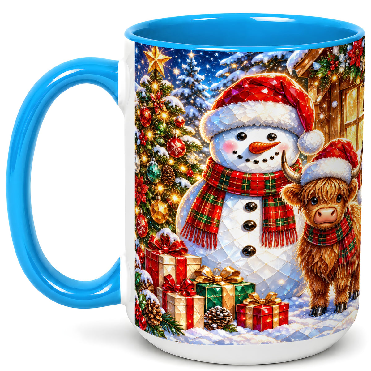#pl[15oz|Blue] Highland Cow Snowman Coffee Mug, Christmas Animal Mug, Ceramic Cup