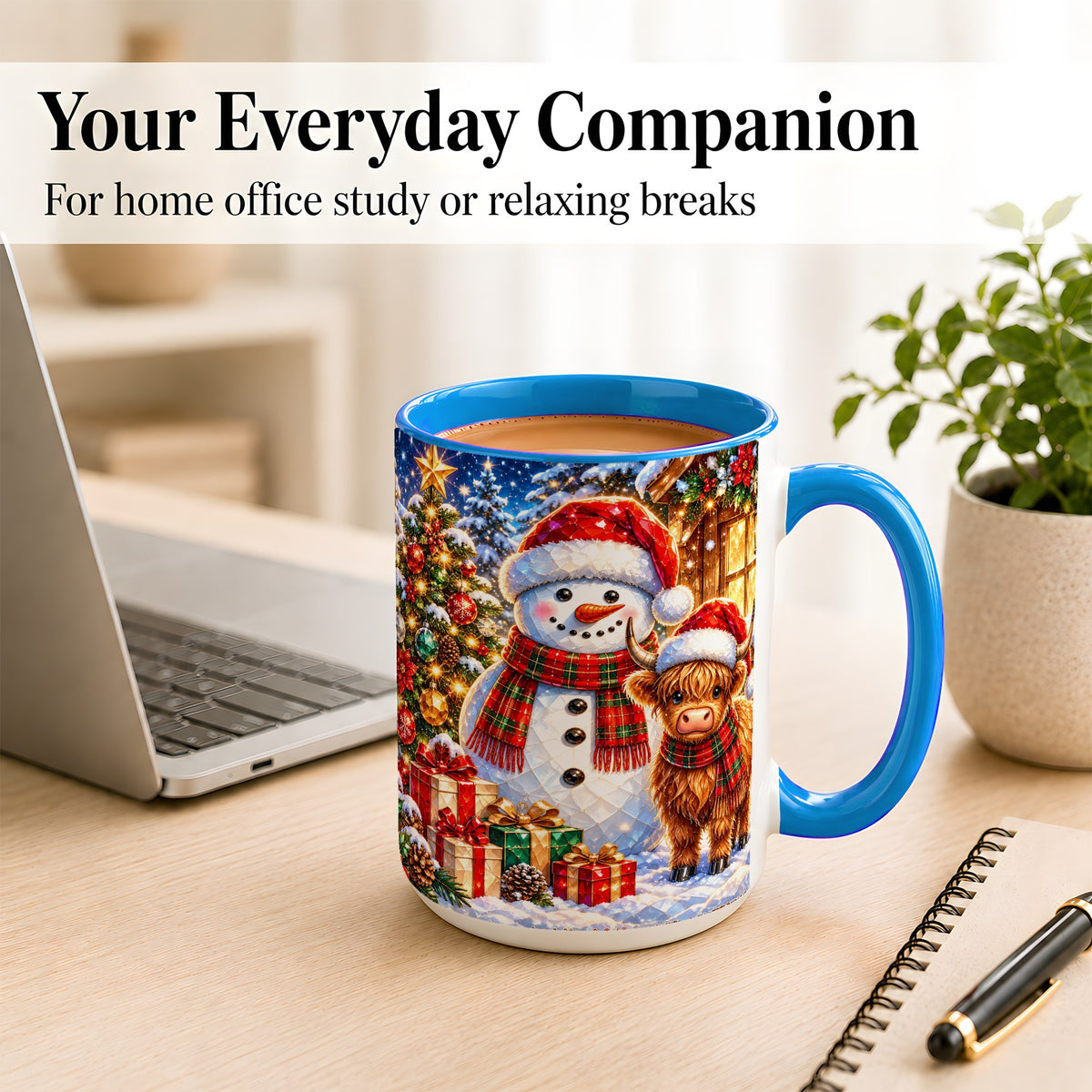 #pl[15oz|Blue] Highland Cow Snowman Coffee Mug, Christmas Animal Mug, Ceramic Cup