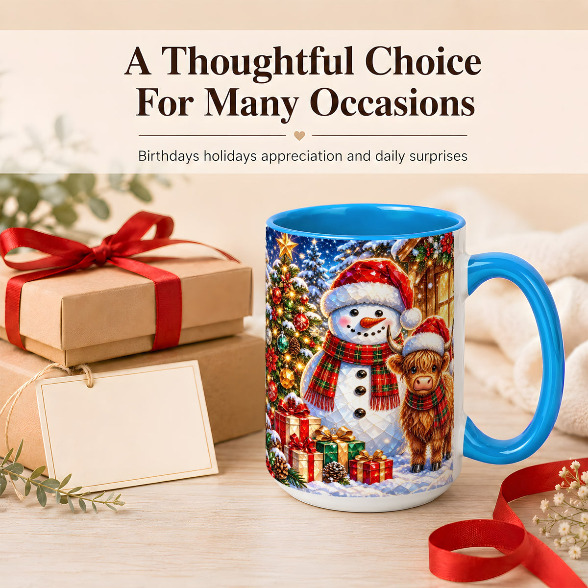 #pl[15oz|Blue] Highland Cow Snowman Coffee Mug, Christmas Animal Mug, Ceramic Cup